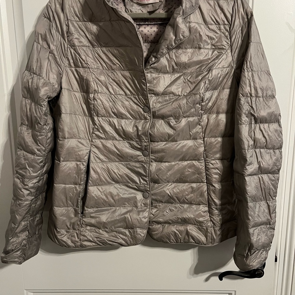 #1592. The Love Brand Lightweight Silver Puffer Jacket. 10% Down Filled Size XXL